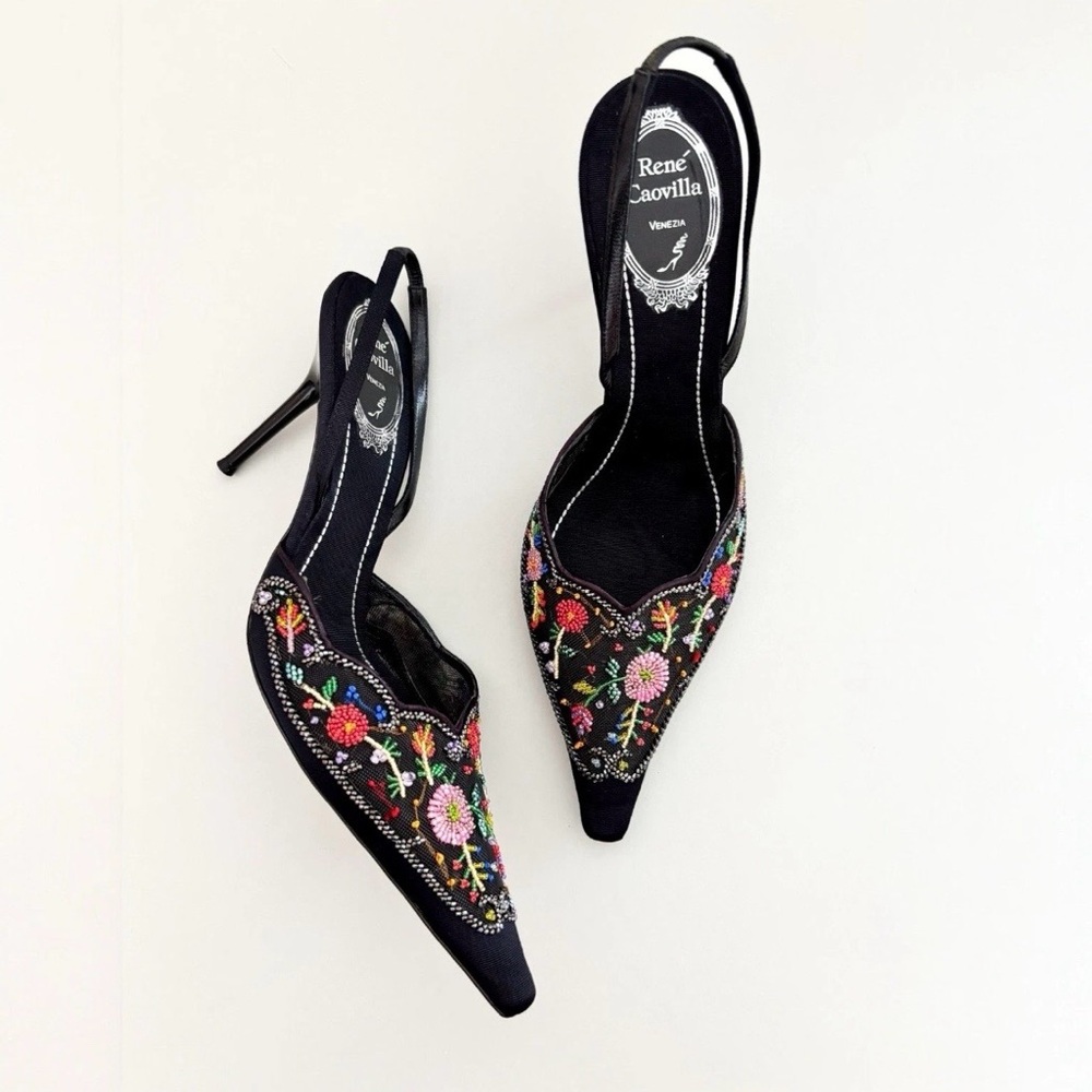 Vintage René Caovilla Heels – Floral Embroidered Italian Y2K Heels US8 + Box